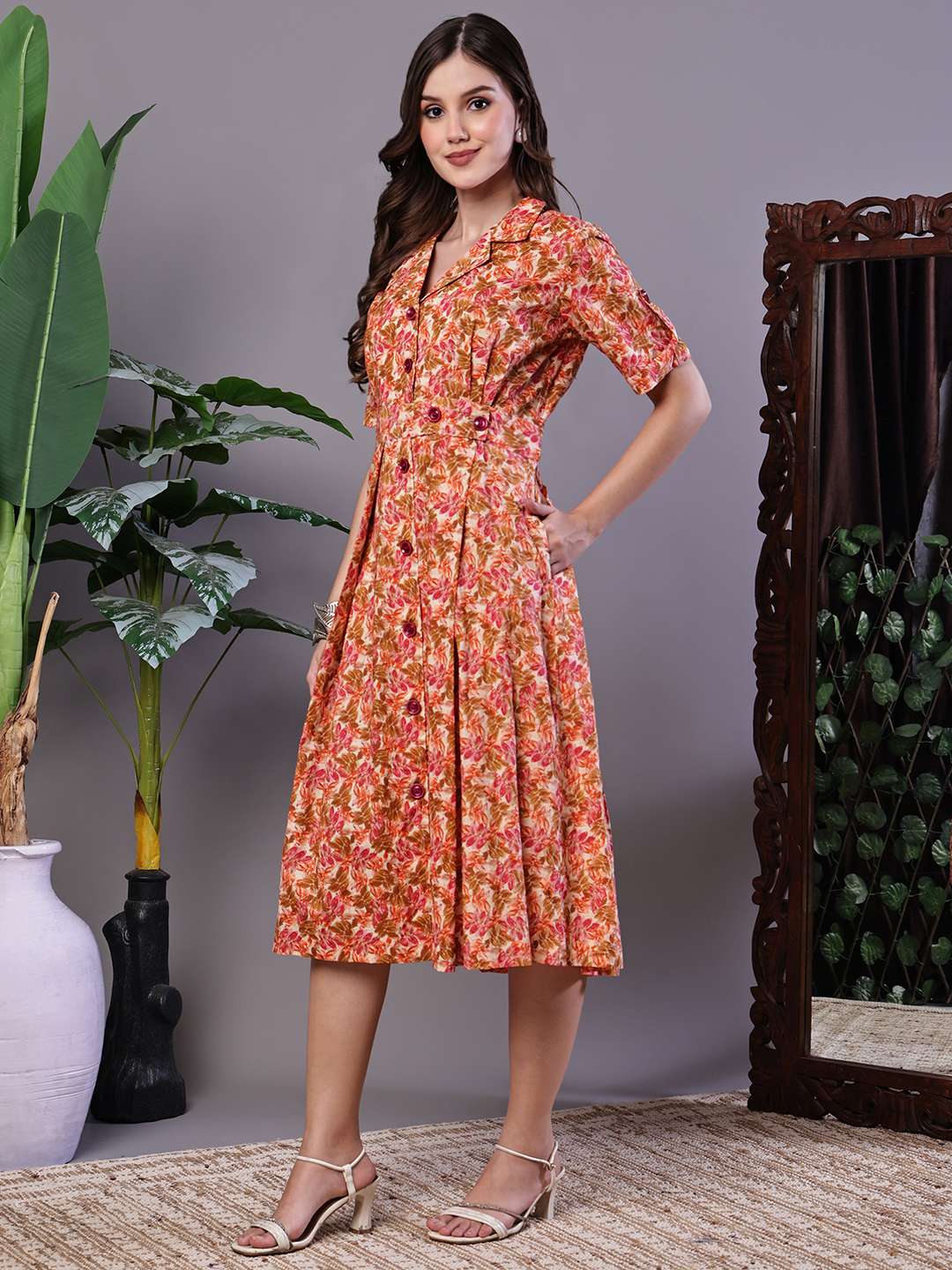 Women's MultiColor Velvet Floral Printed Fit & Flare Dress - Image 3