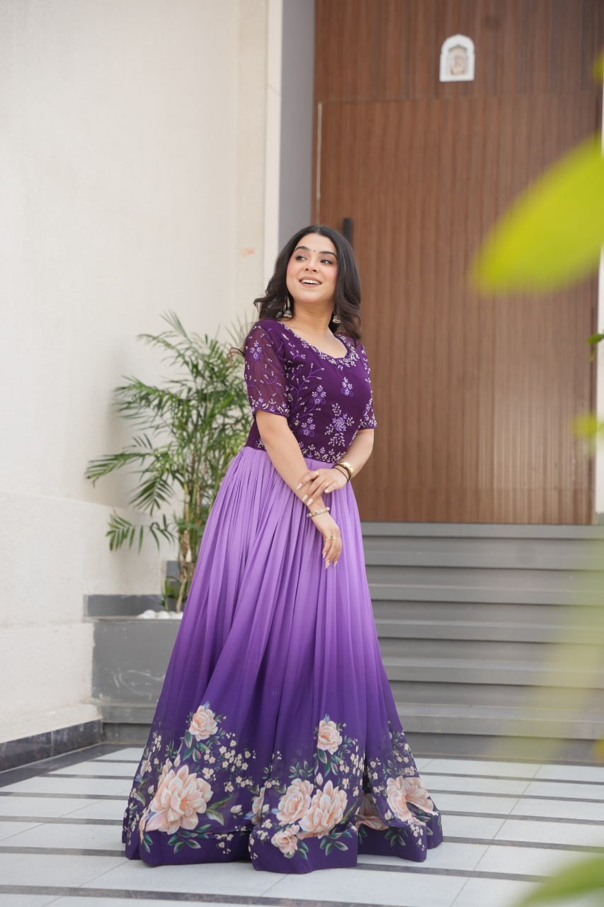 Women's Elegant Teal & Aqua Ombre Gown with Floral Printed Flair & Embellished Bodice – Perfect for Summer Festivities & Parties - Image 14