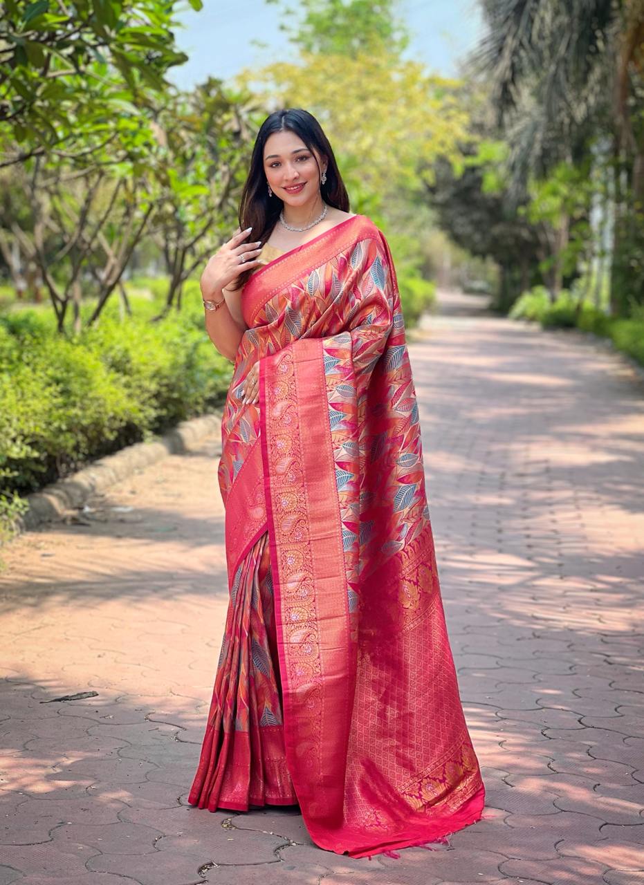 Women's Luxurious Pista Green & Pink Art Silk Saree with Intricate Leaf Weave & Broad Zari Border – Ideal for Festive & Wedding Occasions